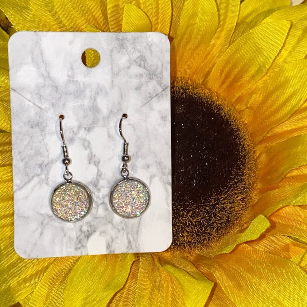 White iridescent druzy earrings